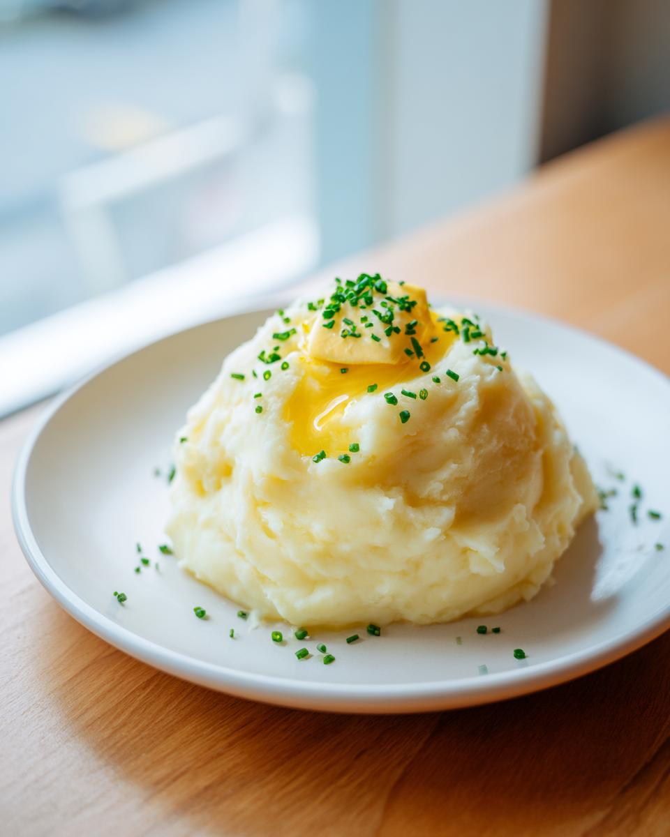 A generous serving of creamy garlic mashed potatoes topped with melting butter and fresh chives.