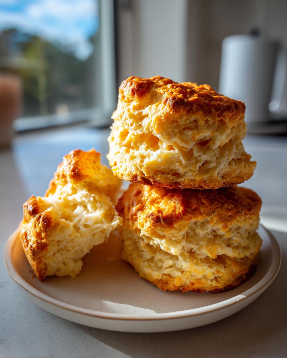 Three golden brown, flaky scones stacked on a small plate, showing their fluffy interior texture. Perfect for a quick scones recipe.