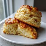 Close-up of two golden brown, fluffy scones stacked on a white plate, showing the soft interior texture.
