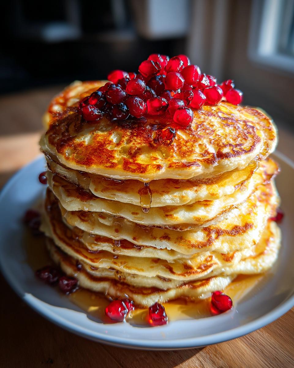 A tall stack of golden brown ricotta pancakes drizzled with syrup and topped with bright red pomegranate seeds.