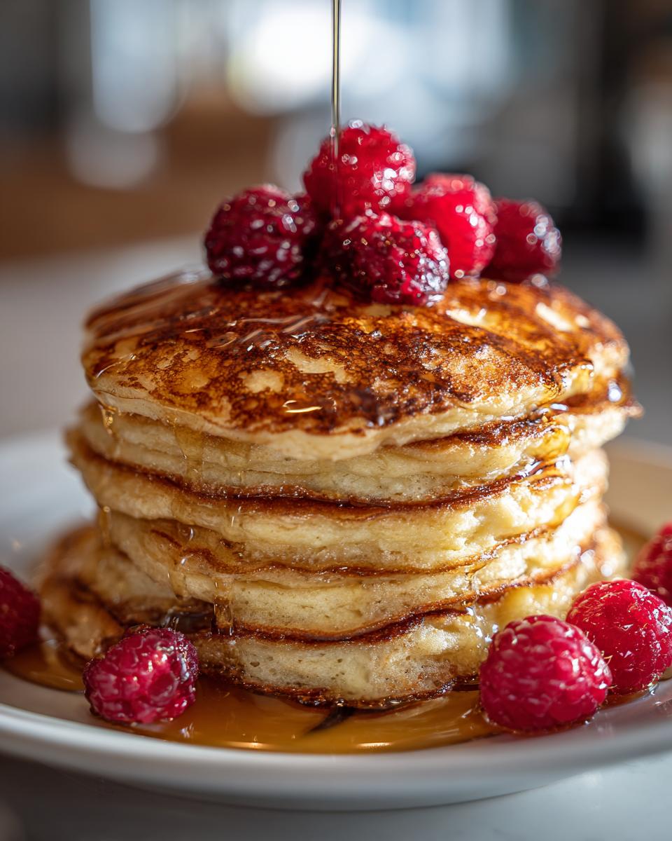 A tall stack of golden brown ricotta pancakes topped with fresh raspberries and drizzled with syrup.