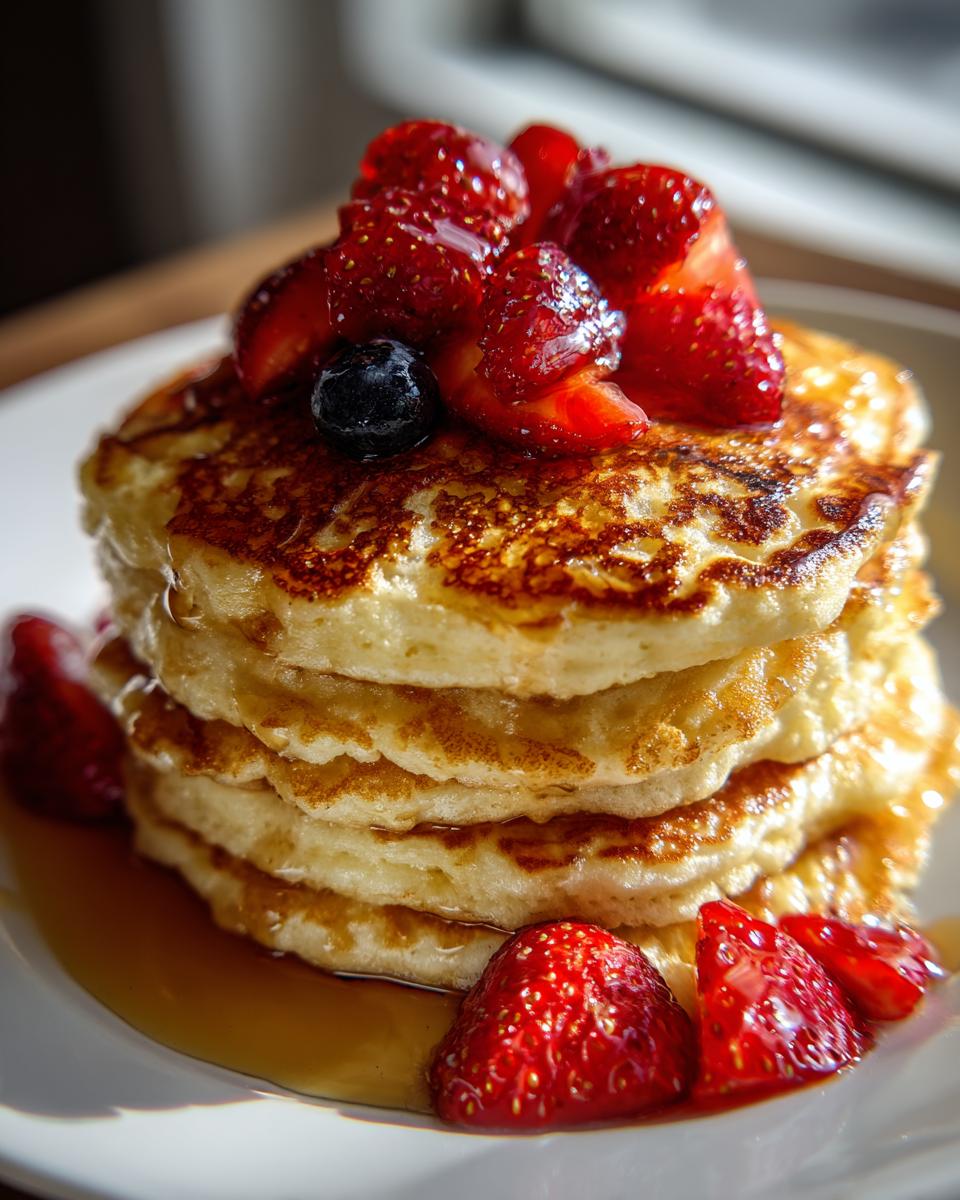 A tall stack of golden brown ricotta pancakes drizzled with syrup and topped with fresh strawberries and a blueberry.