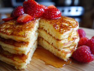 A thick stack of fluffy ricotta pancakes drizzled with syrup and topped with fresh strawberries and raspberries.