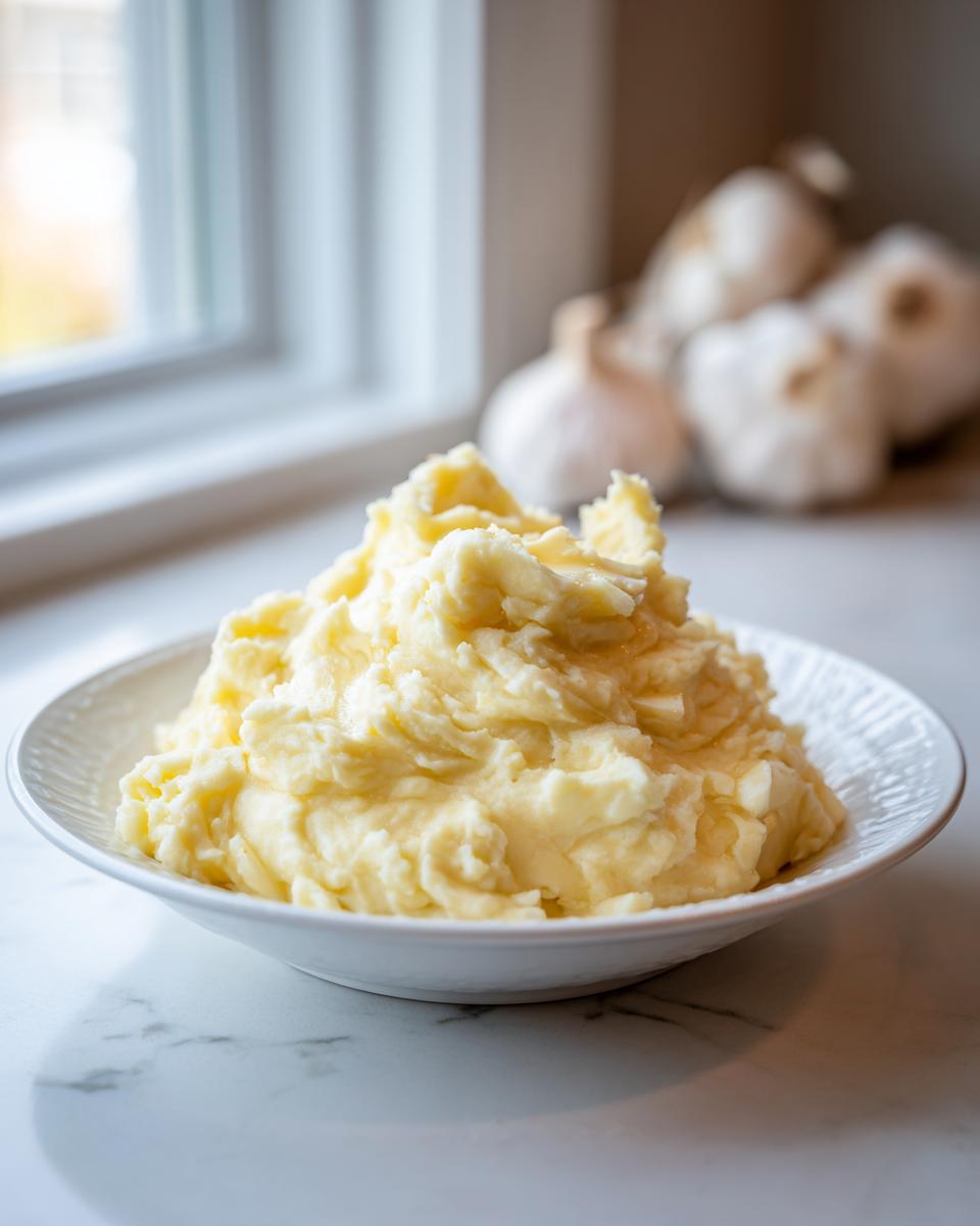 A generous serving of fluffy, creamy roasted garlic mashed potatoes piled high in a white bowl.