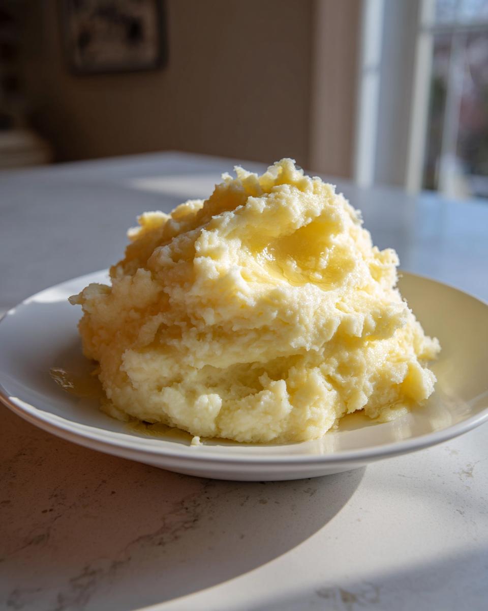 A generous serving of fluffy roasted garlic mashed potatoes topped with melted butter on a white plate.