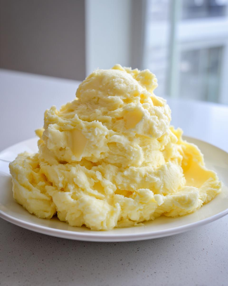 A large mound of creamy, yellow roasted garlic mashed potatoes served on a white plate.