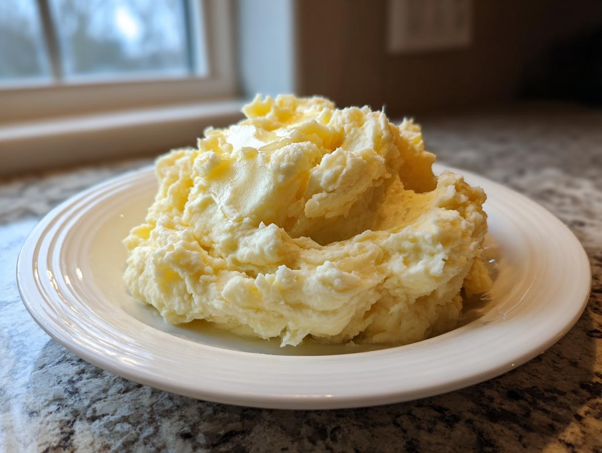 A generous serving of fluffy roasted garlic mashed potatoes topped with melting butter on a white plate.