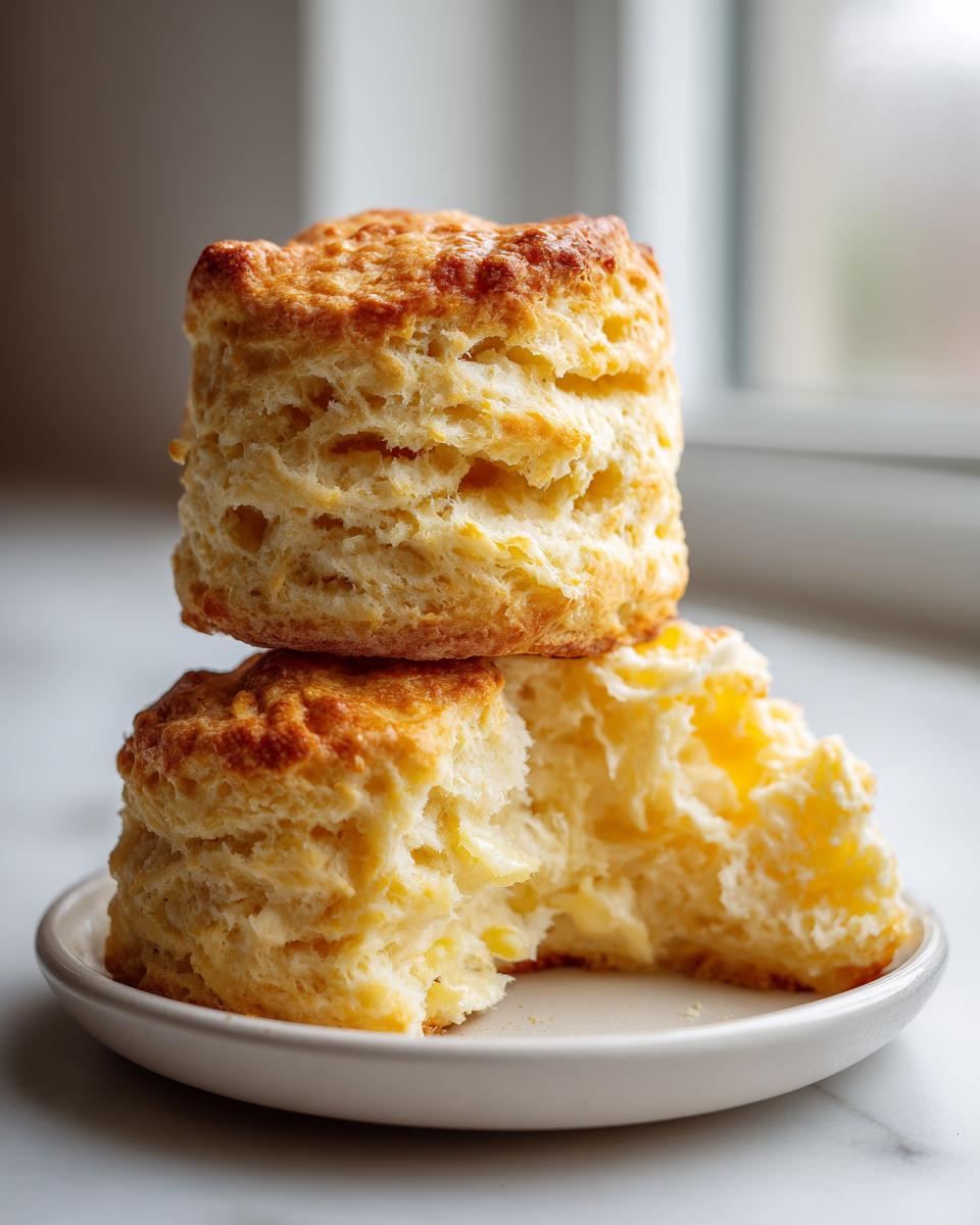 Two tall, golden-brown, flaky scones stacked, with one broken open showing the soft interior.