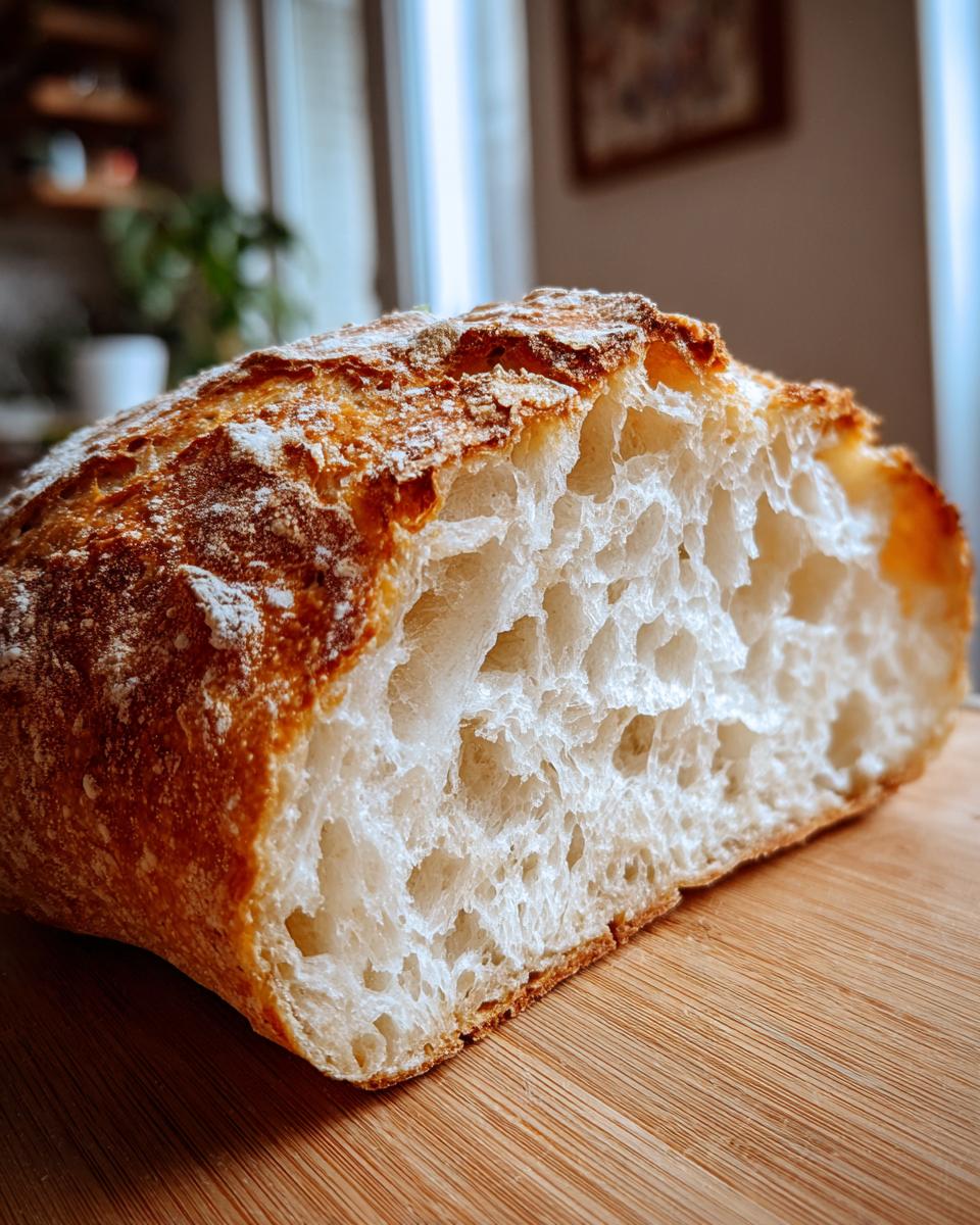 Close-up of the open crumb structure of freshly baked French bread on a wooden cutting board.