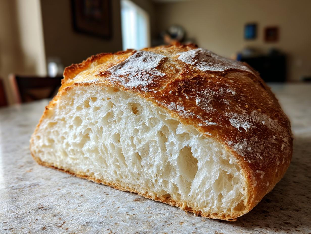 Close-up of the interior crumb structure of homemade French bread, showing an open texture and golden crust.