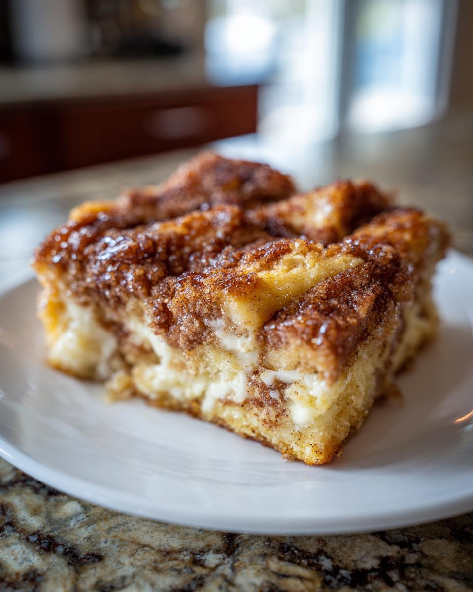 Close-up of a square serving of french toast casserole with a gooey cinnamon-sugar topping.