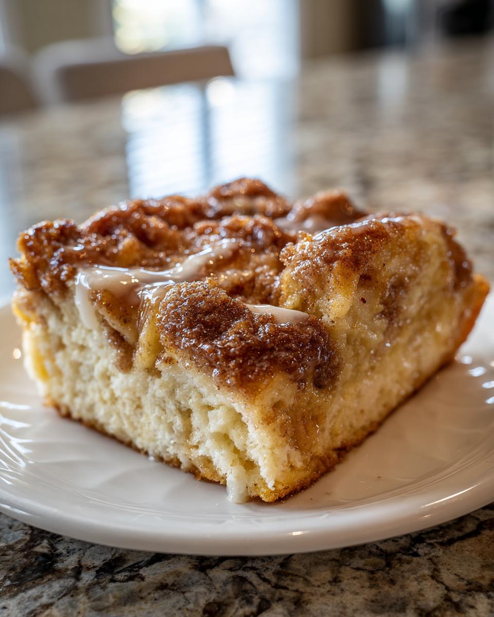 A close-up of a square slice of moist french toast casserole with a thick cinnamon streusel topping and vanilla glaze.