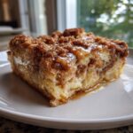 A close-up of a square slice of rich french toast casserole topped with cinnamon streusel and drizzled with glaze.