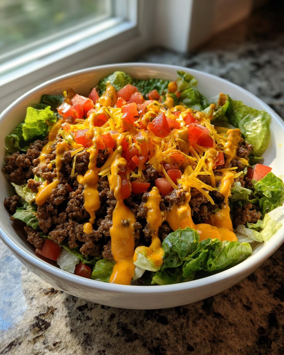 A close-up view of a delicious taco salad featuring seasoned ground beef, lettuce, tomatoes, shredded cheese, and a creamy orange dressing.