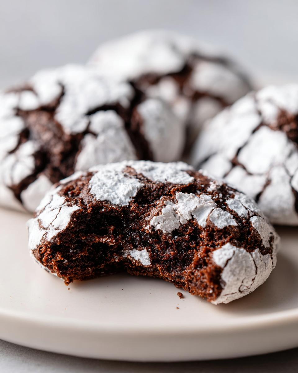 Close-up of a fudgy chocolate crinkle cookie with a bite taken out, showing the dark interior and white powdered sugar cracks.