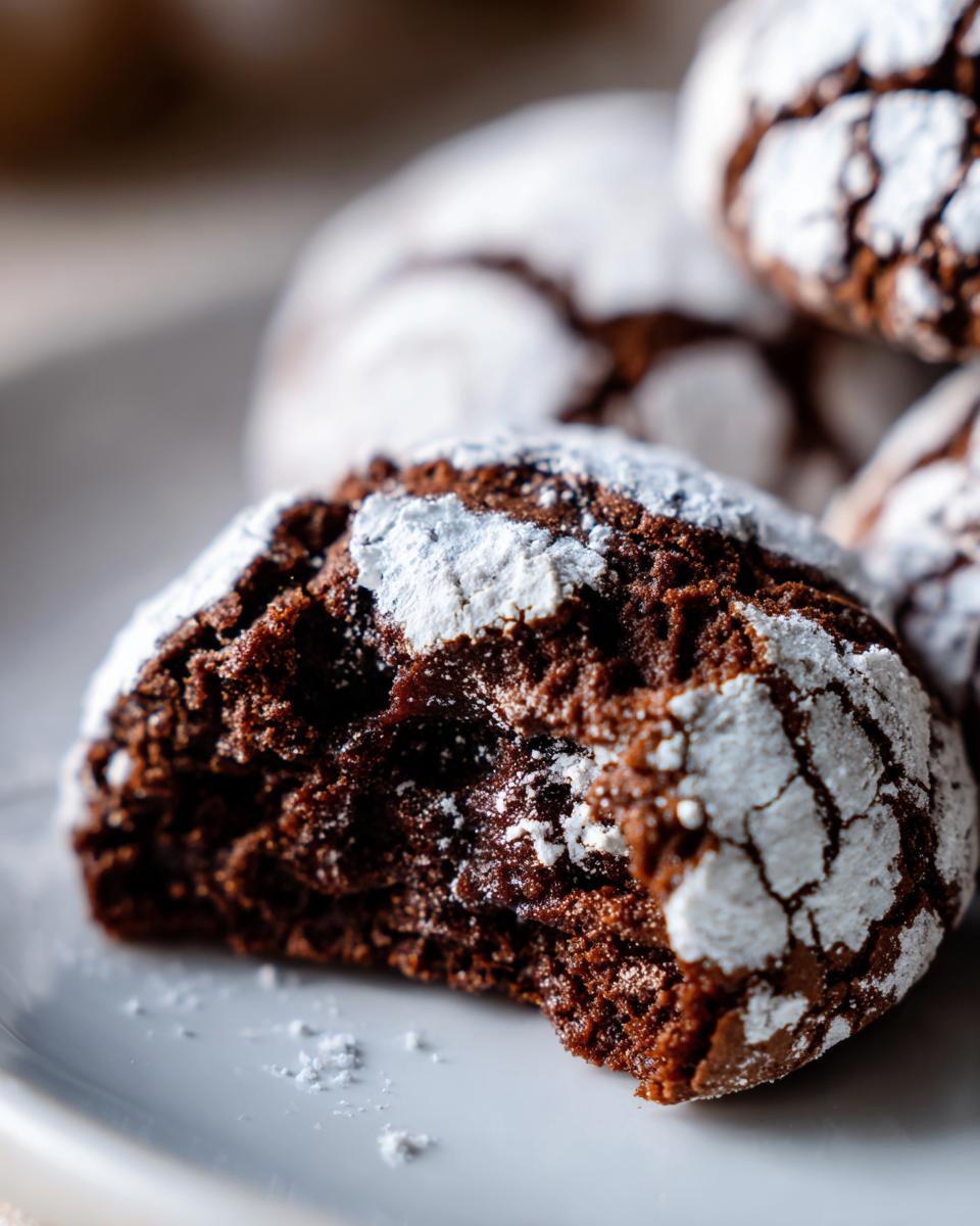 Close-up of a fudgy chocolate crinkle cookie with a bite taken out, showing the rich interior and powdered sugar coating.