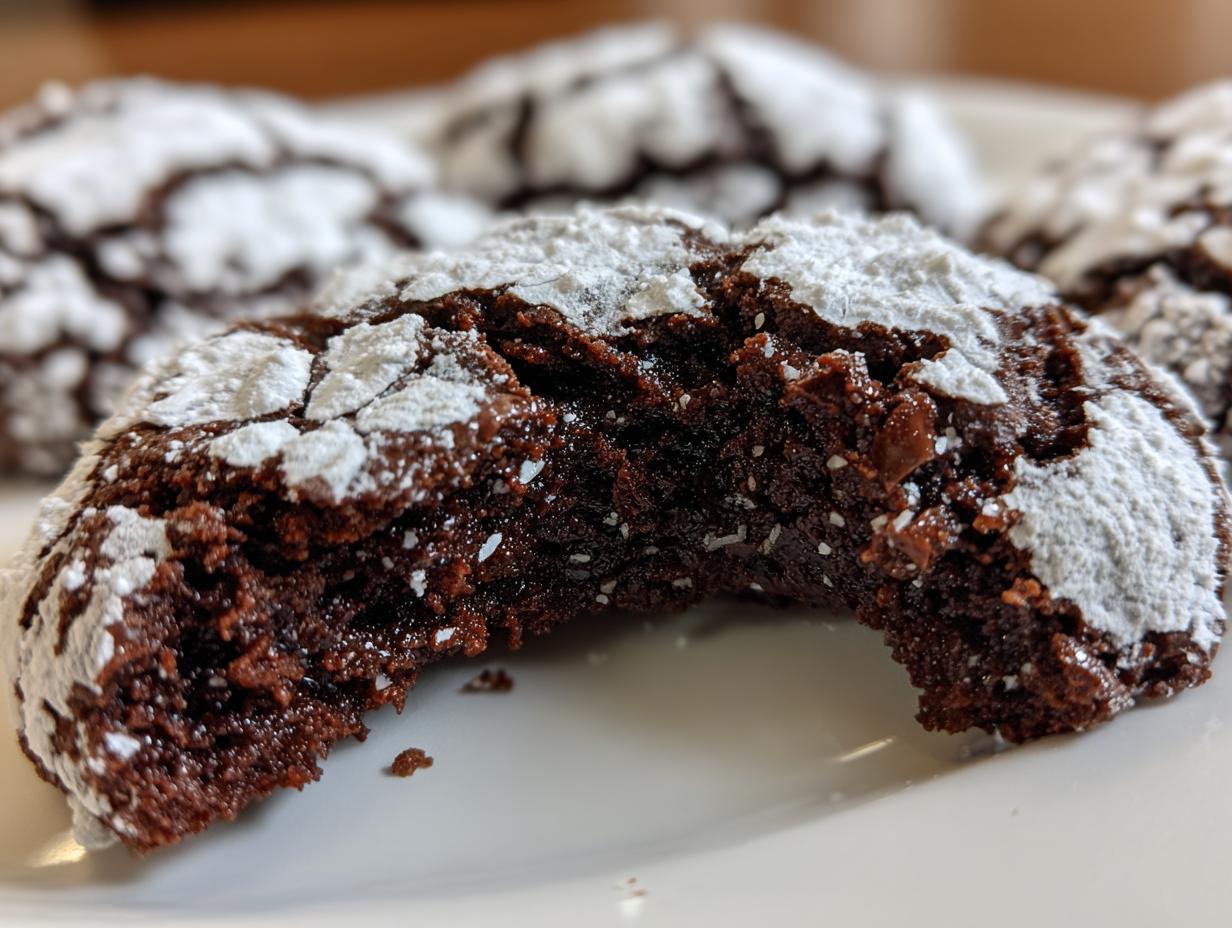 Close-up of a fudgy chocolate crinkle cookie with a bite taken out, showing the rich interior and powdered sugar coating.