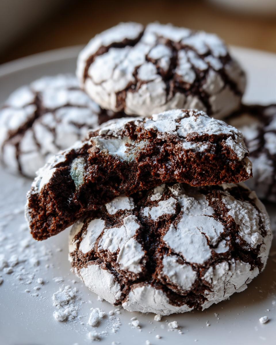 Close-up of fudgy chocolate crinkle cookies, one broken in half showing the moist interior and heavy powdered sugar coating.