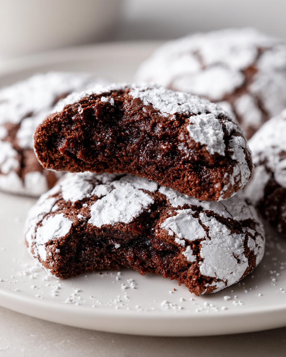 Close-up of a fudgy chocolate crinkle cookie broken in half, showing the rich interior, dusted heavily with powdered sugar.