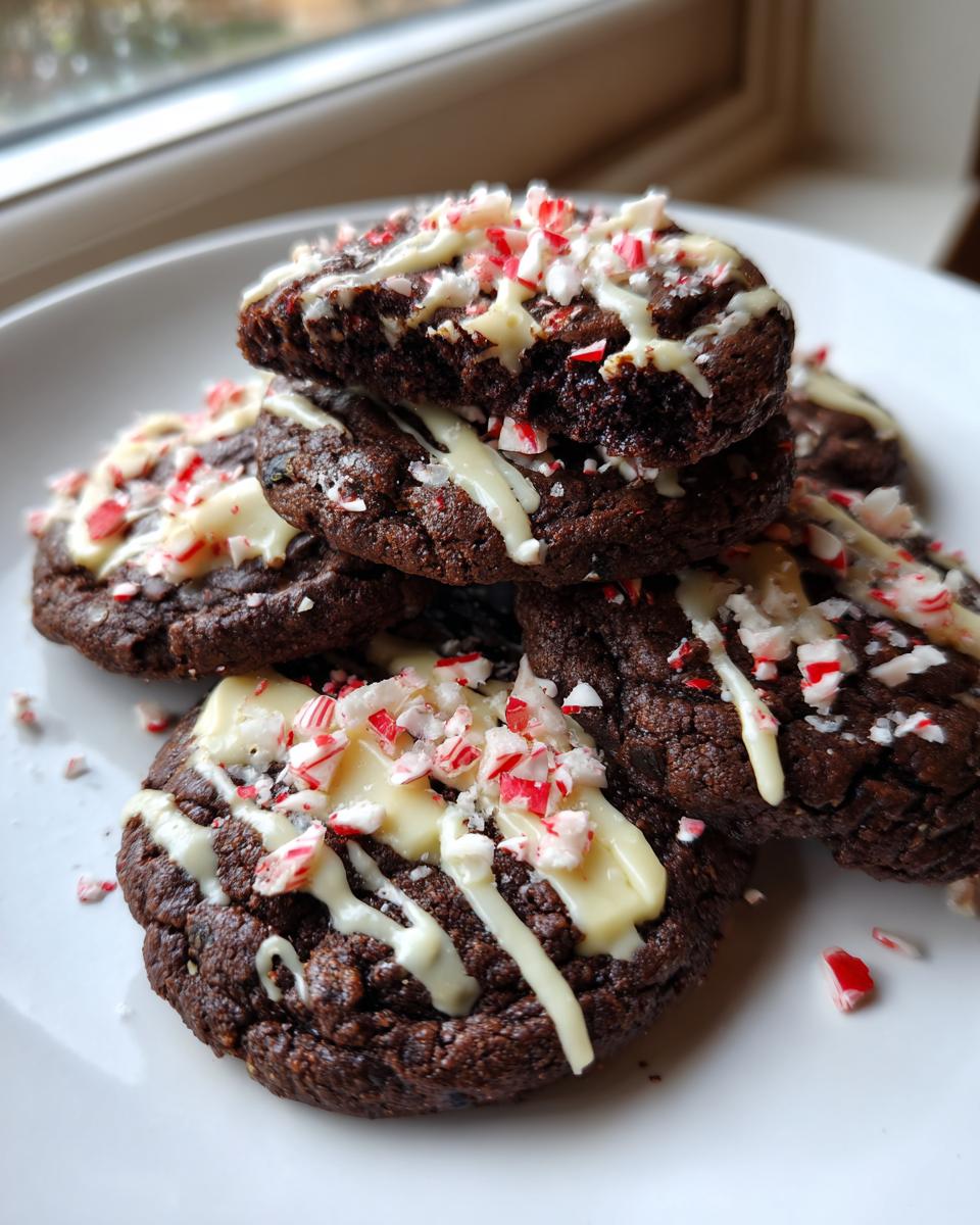 A stack of fudgy double chocolate peppermint cookies drizzled with white chocolate and topped with crushed candy canes.