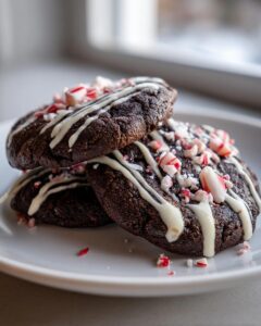 A stack of two fudgy double chocolate peppermint cookies drizzled with white icing and crushed candy canes.