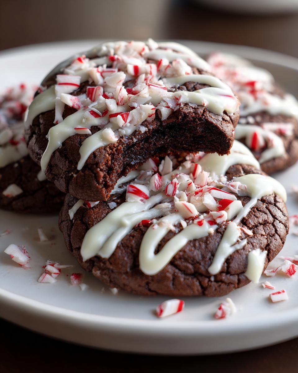 Close-up of fudgy double chocolate peppermint cookies drizzled with white chocolate and topped with crushed candy canes.