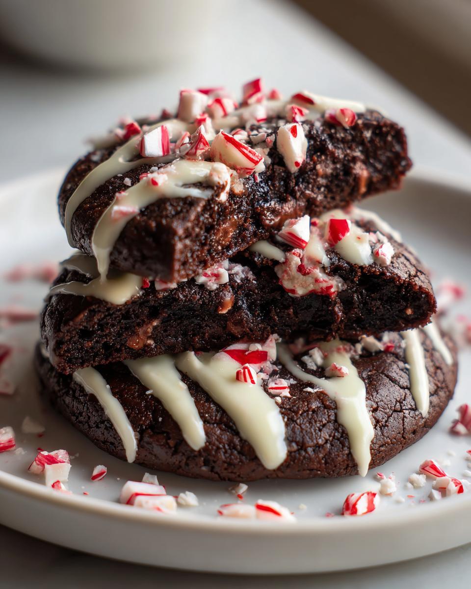 Close-up of fudgy double chocolate peppermint cookies stacked, drizzled with white chocolate and topped with crushed candy canes.