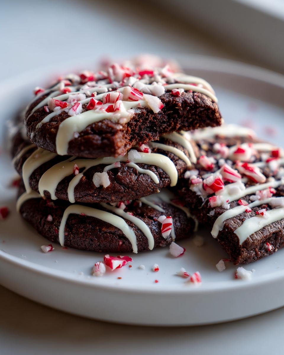 Close-up of fudgy double chocolate peppermint cookies stacked, drizzled with white chocolate and topped with crushed candy canes.