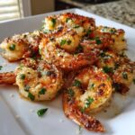 Close-up of perfectly cooked air fryer shrimp seasoned with garlic, parmesan, and fresh parsley on a white plate.