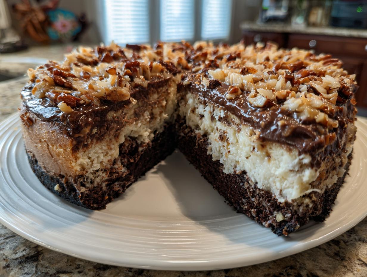 A rich, layered german chocolate cheesecake with a dark crust, white filling, chocolate ganache, and pecan topping, sliced open.