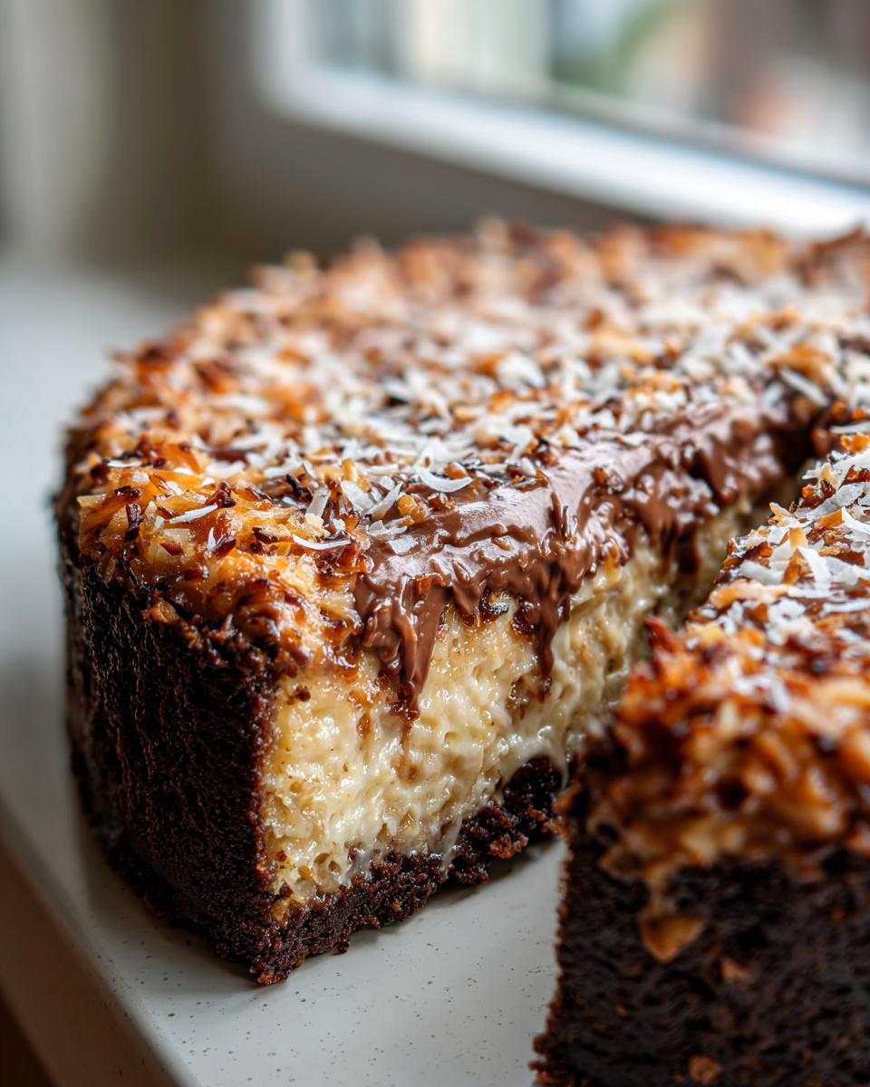 A rich slice cut from a german chocolate cheesecake showing a dark crust, creamy filling, and coconut-pecan topping.