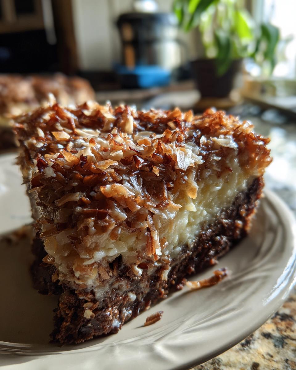 Close-up of a rich slice of german chocolate cheesecake featuring a dark chocolate base and a thick layer of toasted coconut topping.