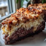 A decadent slice of german chocolate cheesecake featuring a dark chocolate crust, a creamy layer, and a toasted coconut topping.