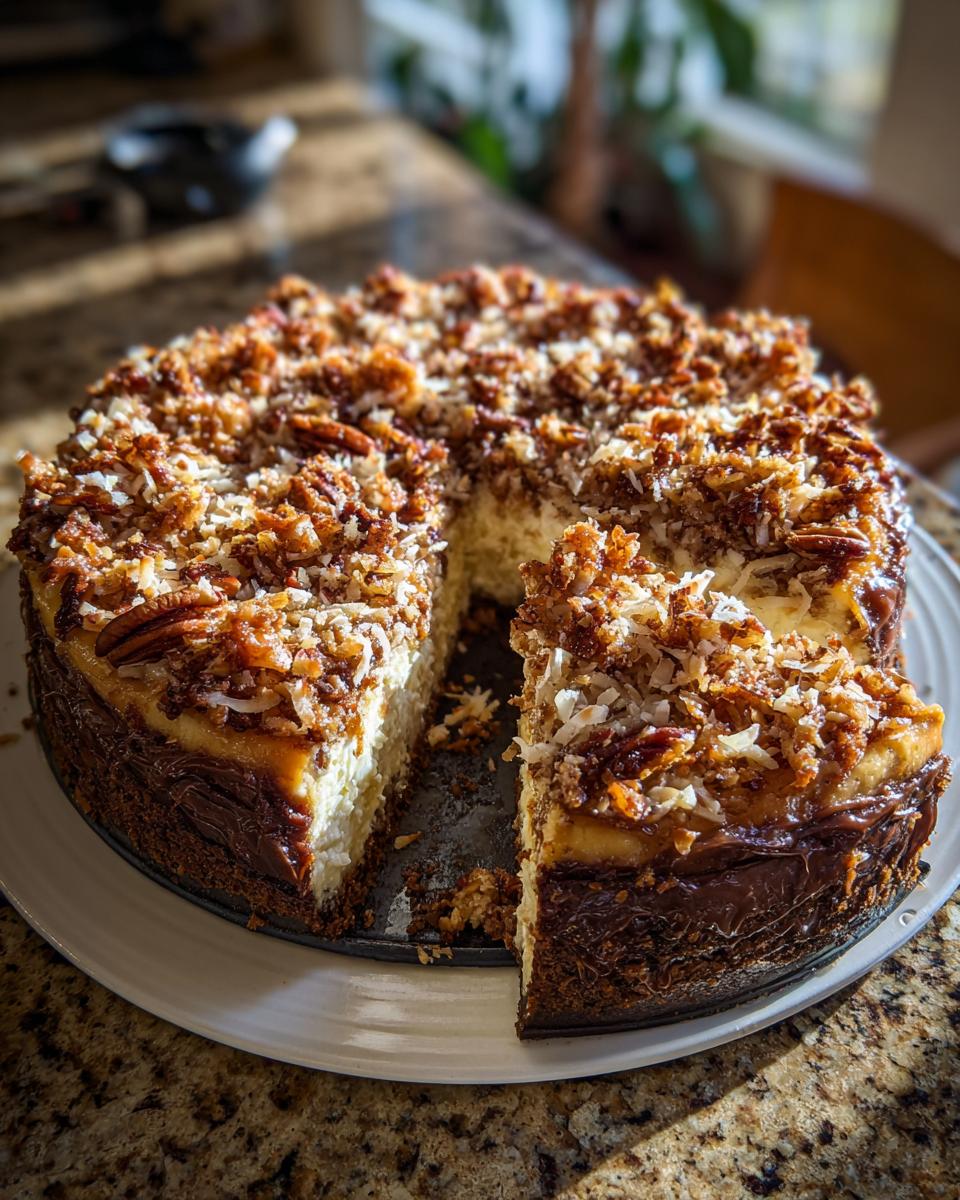 A rich german chocolate cheesecake with a slice cut out, topped generously with toasted coconut and pecans.