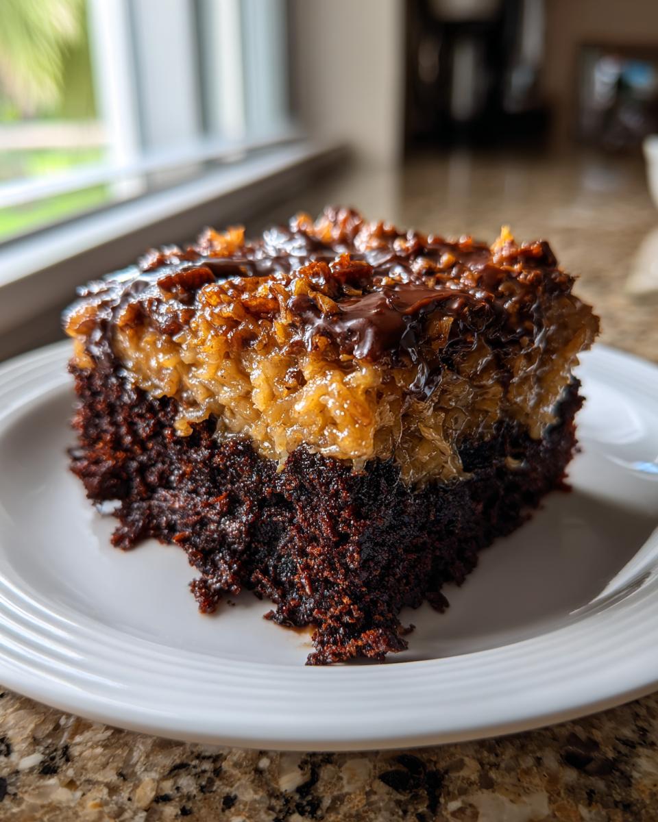 A close-up of a moist slice of german chocolate poke cake with rich coconut pecan frosting on a white plate.
