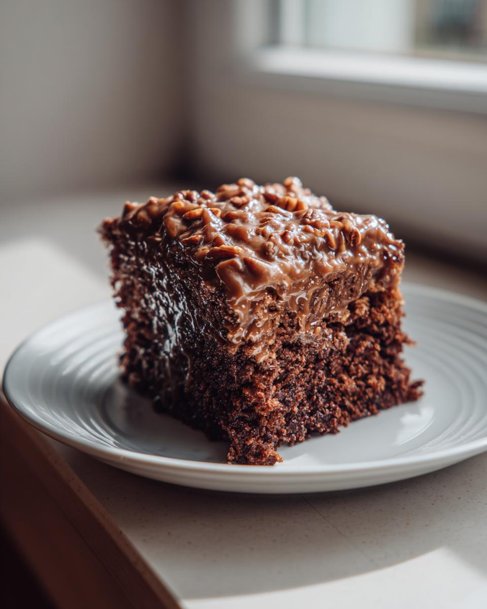 A moist slice of german chocolate poke cake with rich, gooey coconut-pecan frosting on a white plate.