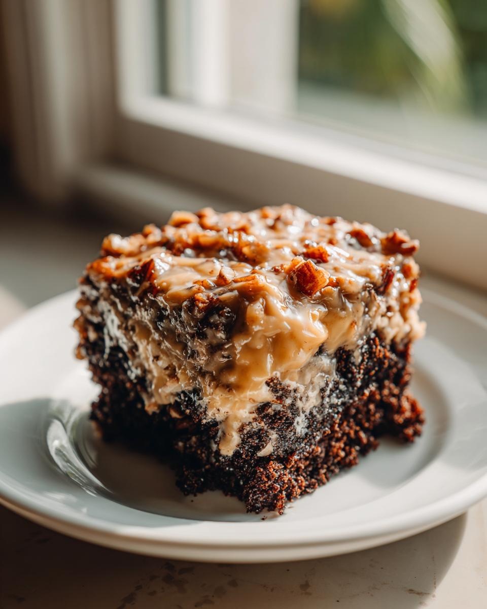 A rich slice of german chocolate poke cake with gooey coconut-pecan topping on a white plate.