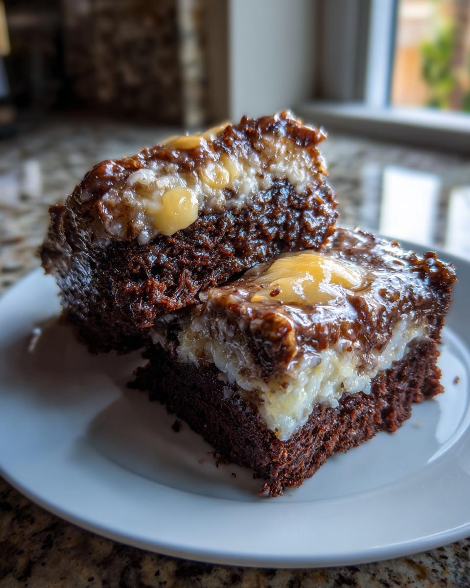 Two rich squares of german chocolate poke cake stacked slightly on a white plate, showing the moist chocolate base and coconut pecan topping.