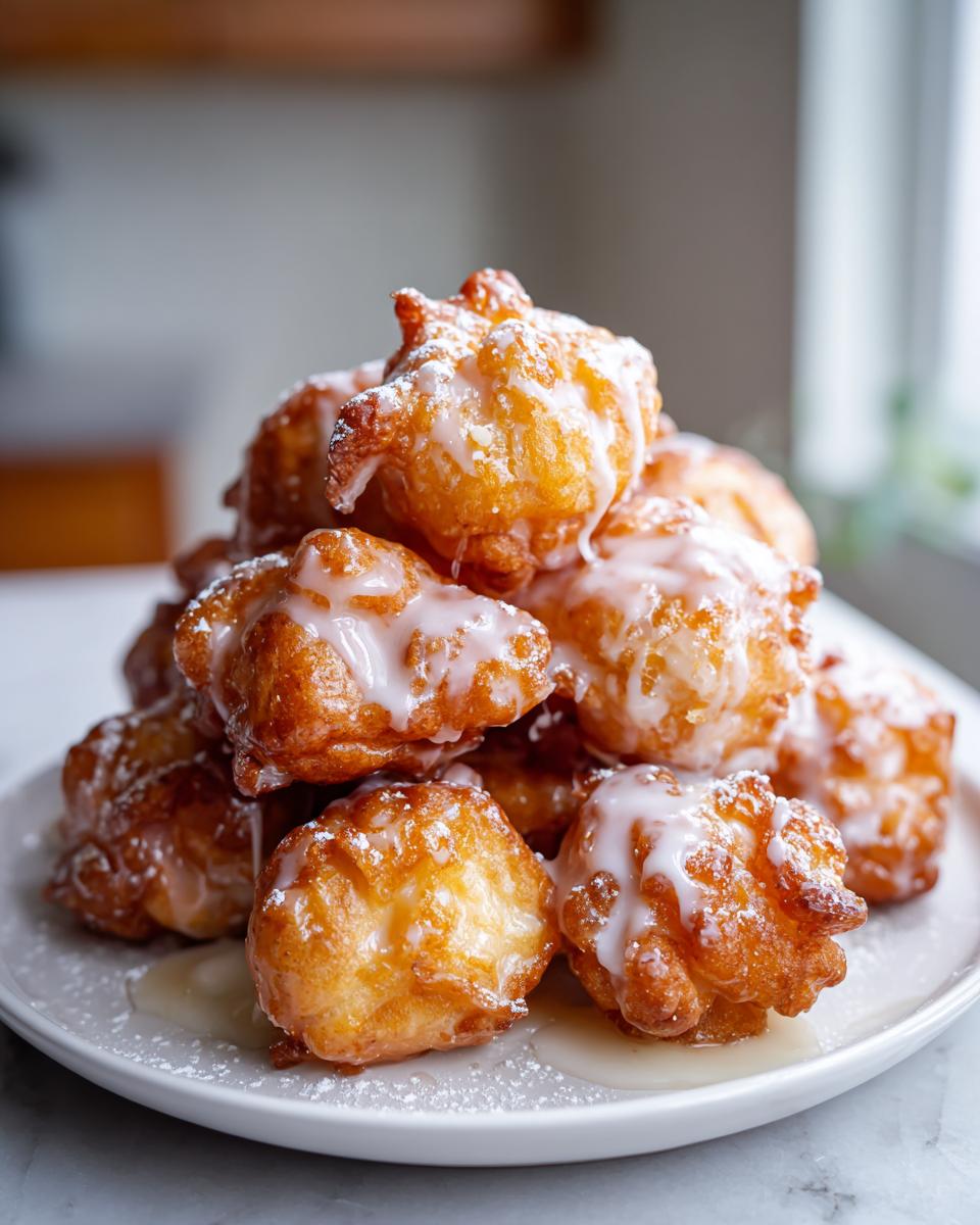 A tall stack of golden brown, glazed apple fritter bites piled high on a white plate.