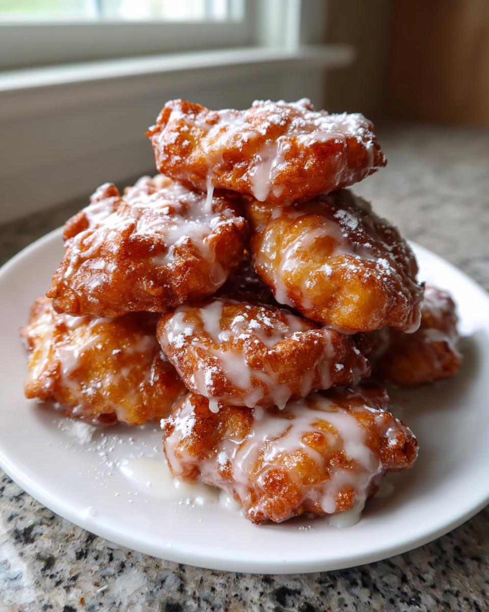 A stack of golden brown, freshly fried apple fritter bites drizzled with white glaze and powdered sugar.