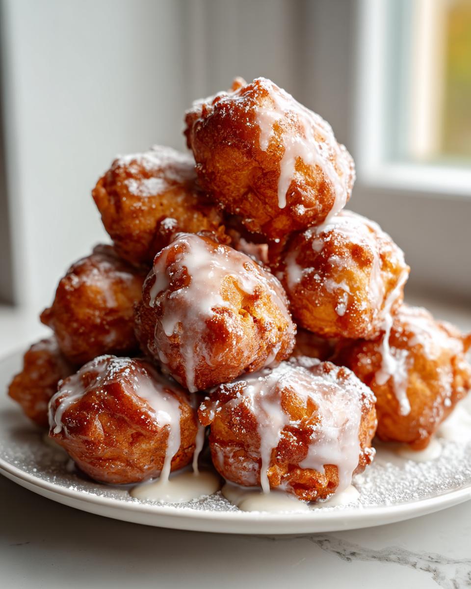 A tall stack of golden brown, deep-fried apple fritter bites drizzled heavily with white glaze.