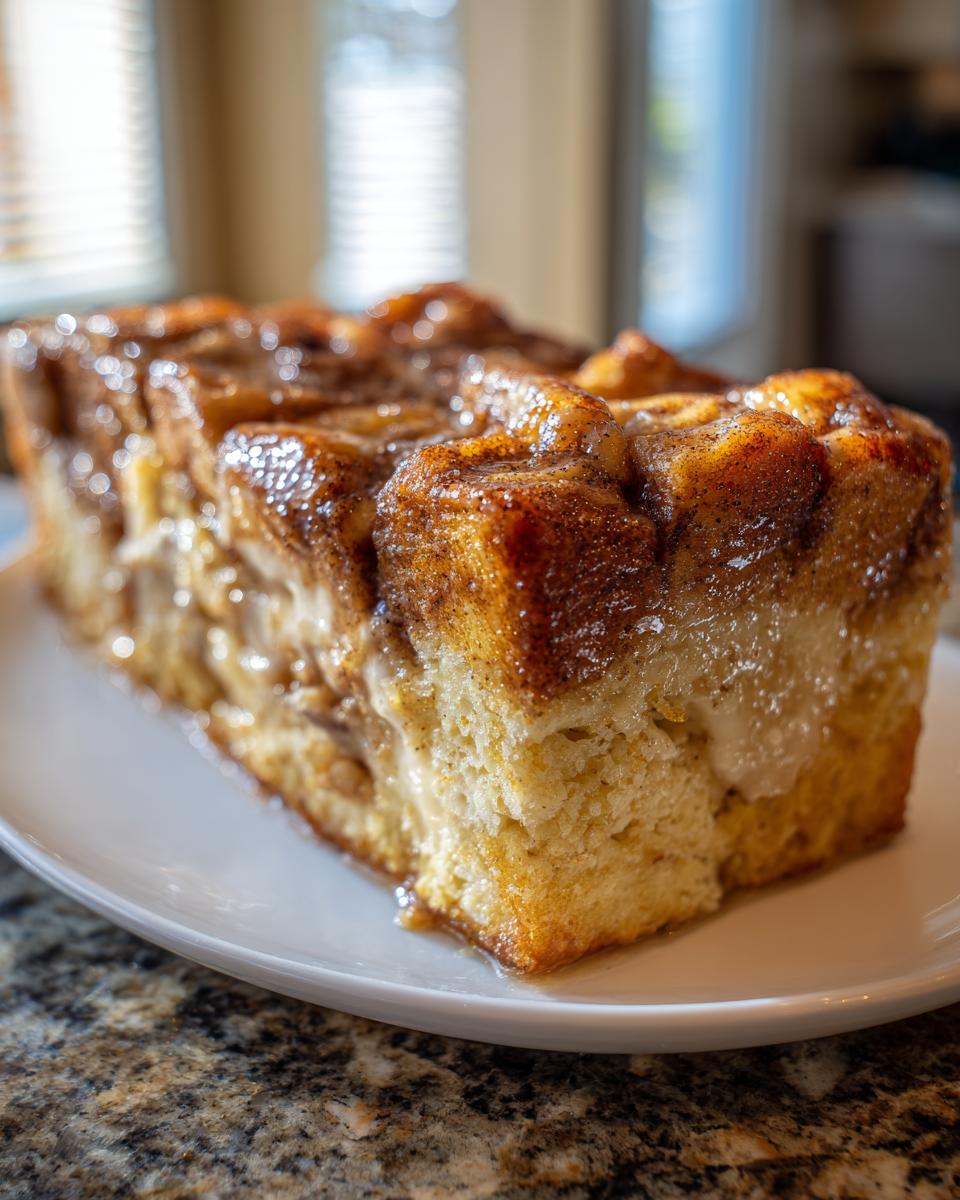 A thick, gooey slice of cinnamon french toast casserole with a shiny, caramelized topping on a white plate.