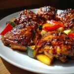 Close-up of glossy, glazed harissa chicken pieces served with colorful roasted zucchini and peppers on a white plate.