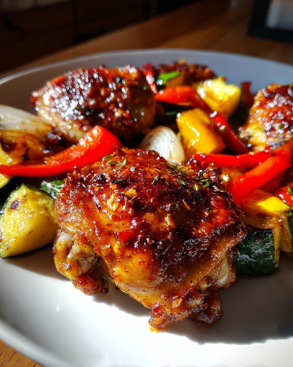 Close-up of a piece of glazed harissa chicken served with colorful roasted bell peppers and zucchini.