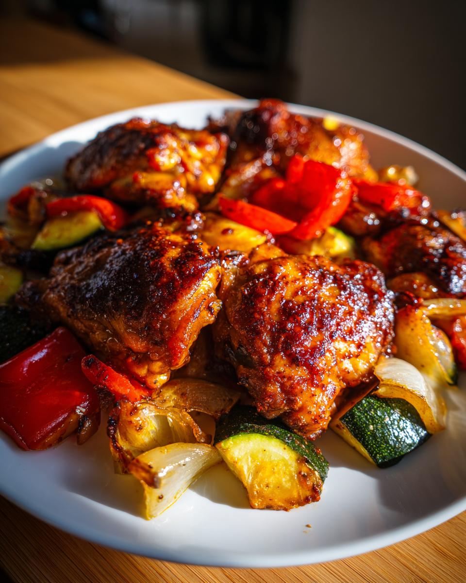 Close-up of glazed harissa chicken pieces served with roasted zucchini, red peppers, and onions on a white plate.