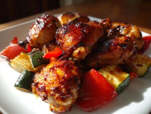 Close-up of sticky, glazed harissa chicken pieces served with chunks of red bell pepper and zucchini.