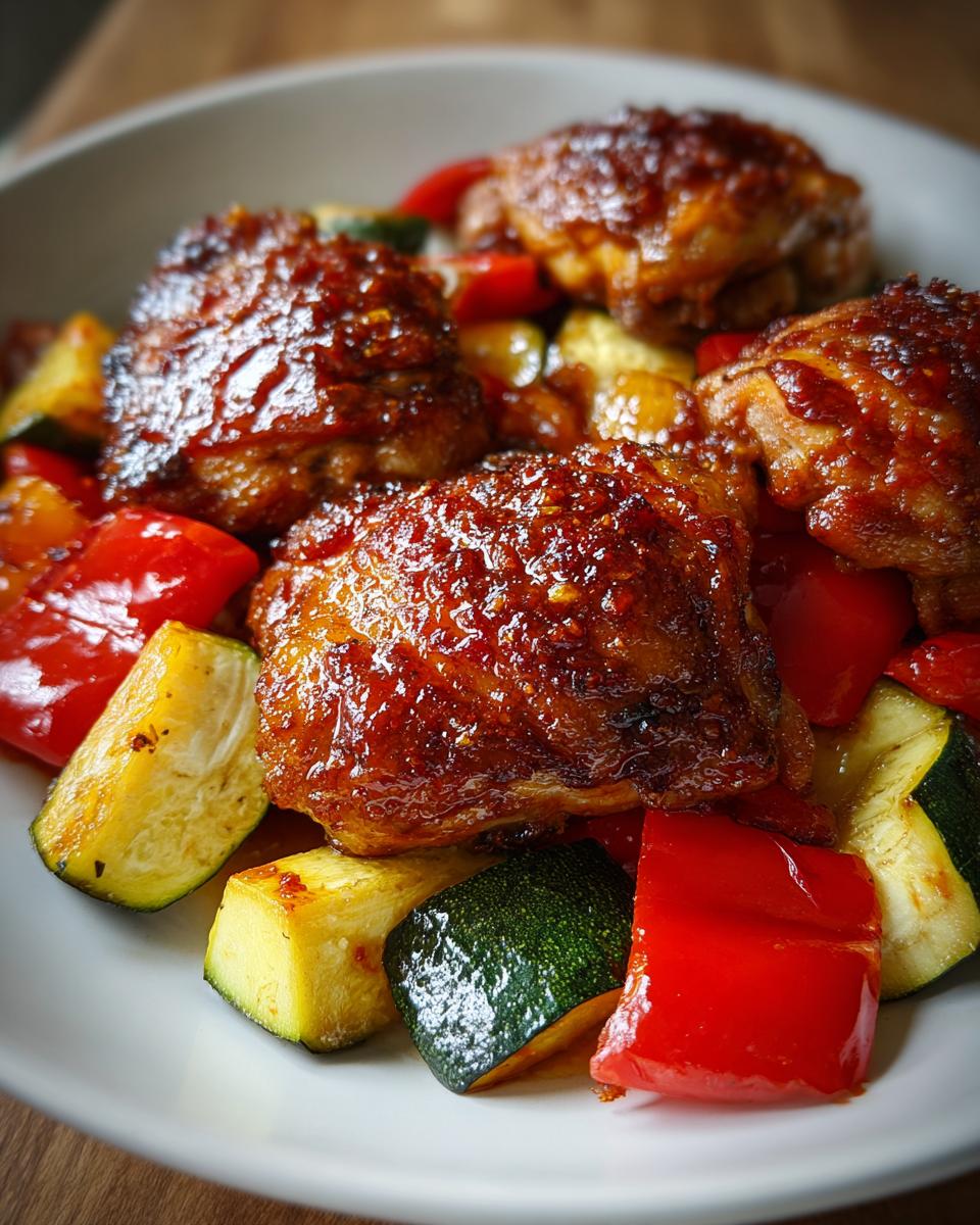 Close-up of glazed harissa chicken thighs served over colorful roasted red peppers and zucchini.