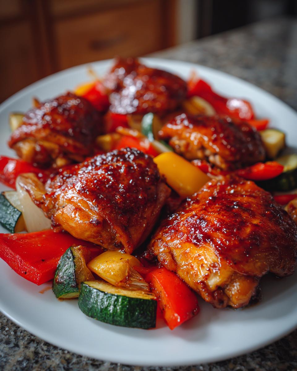 Four pieces of glazed harissa chicken served over colorful roasted bell peppers and zucchini slices on a white plate.