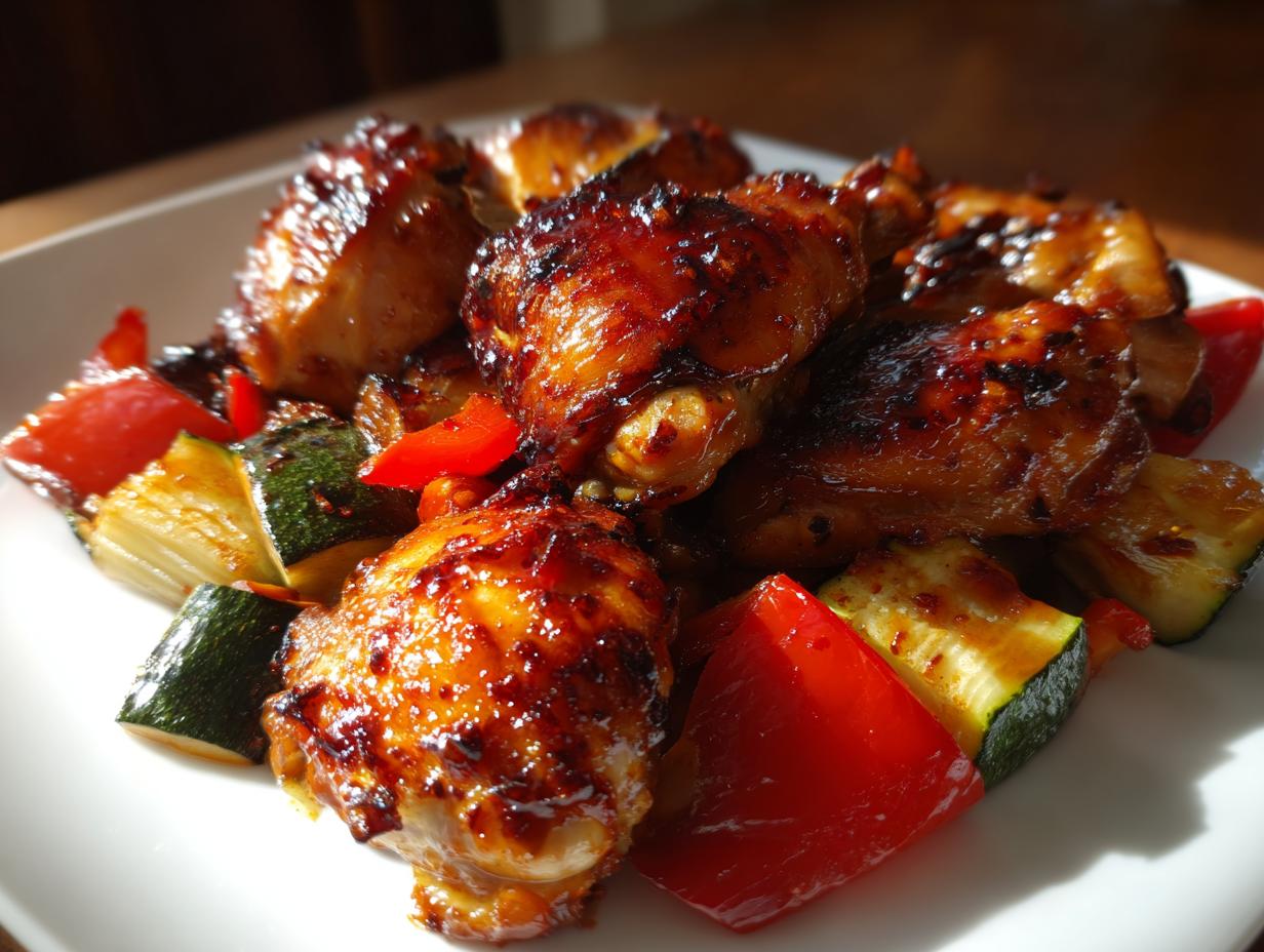Close-up of sticky, glazed harissa chicken pieces served with chunks of red bell pepper and zucchini.
