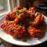 A plate piled high with glossy, red-glazed korean fried chicken pieces, topped with sesame seeds and chopped green onions.